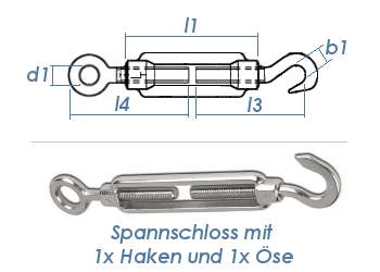 M6 Spannschloss mit 1 Ösen & 1 Haken Edelstahl A4 (1 Stk.)