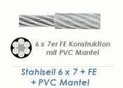 6/8mm 6x7+ FE Drahtseil DIN3055 Stahl verzinkt mit PVC Mantelung  (je 1 lfm)