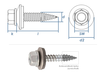 4,5 x 25mm Bi-Metall Dünnblechschraube A2/CV m. Sechskantkopf u. Dichtscheibe (1 Stk.)