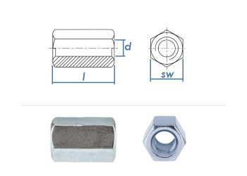 M8 x 24mm Gewindemuffe Sechskant DIN6334 Stahl verzinkt (10 Stk.)