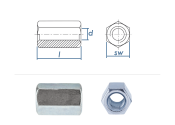 M10 x 30mm Gewindemuffe Sechskant DIN6334 Stahl verzinkt...