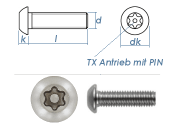 M5 x 16mm Linsenflachkopfschraube TX+PIN ähnl. ISO7380 Edelstahl A2   (10 Stk.)